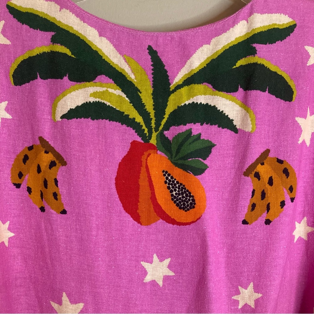 NEW FARM Rio Pink Leopard Forest Mini Dress Linen Blend Beaded Tassels Flowy XL - Picture 15 of 15